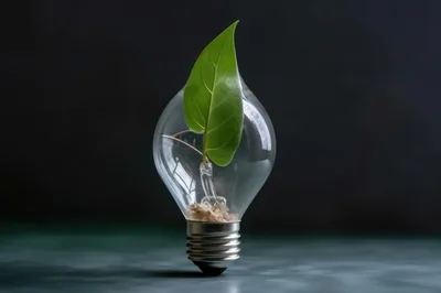 Green Leaf Growing Inside A Glass Light Bulb