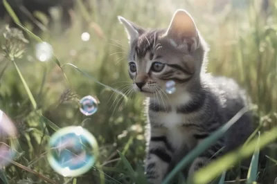 Cute Tabby Kitten Playing With Bubbles In Grass