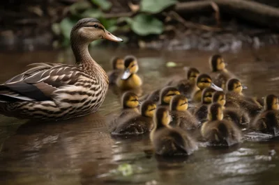 Mother Duck Swimming With Her Large Brood Of Ducklings