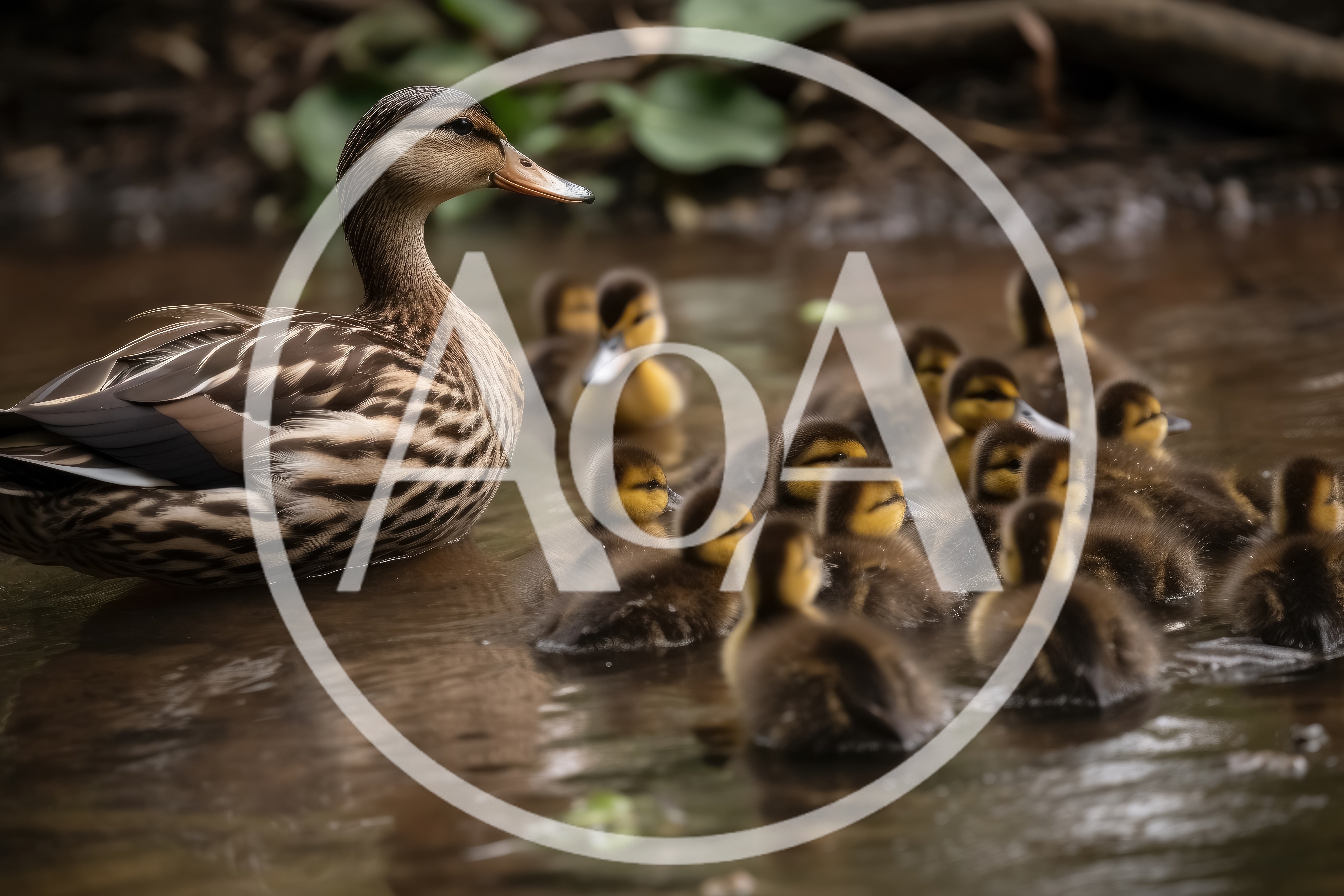 Mother Duck Swimming With Her Large Brood Of Ducklings