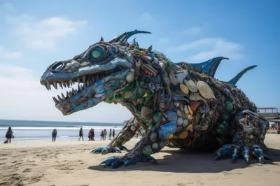 Large Dragon Sculpture Made From Recycled Ocean Plastic