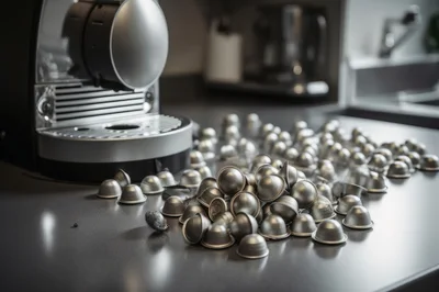 Silver Coffee Capsules Scattered Near Espresso Machine