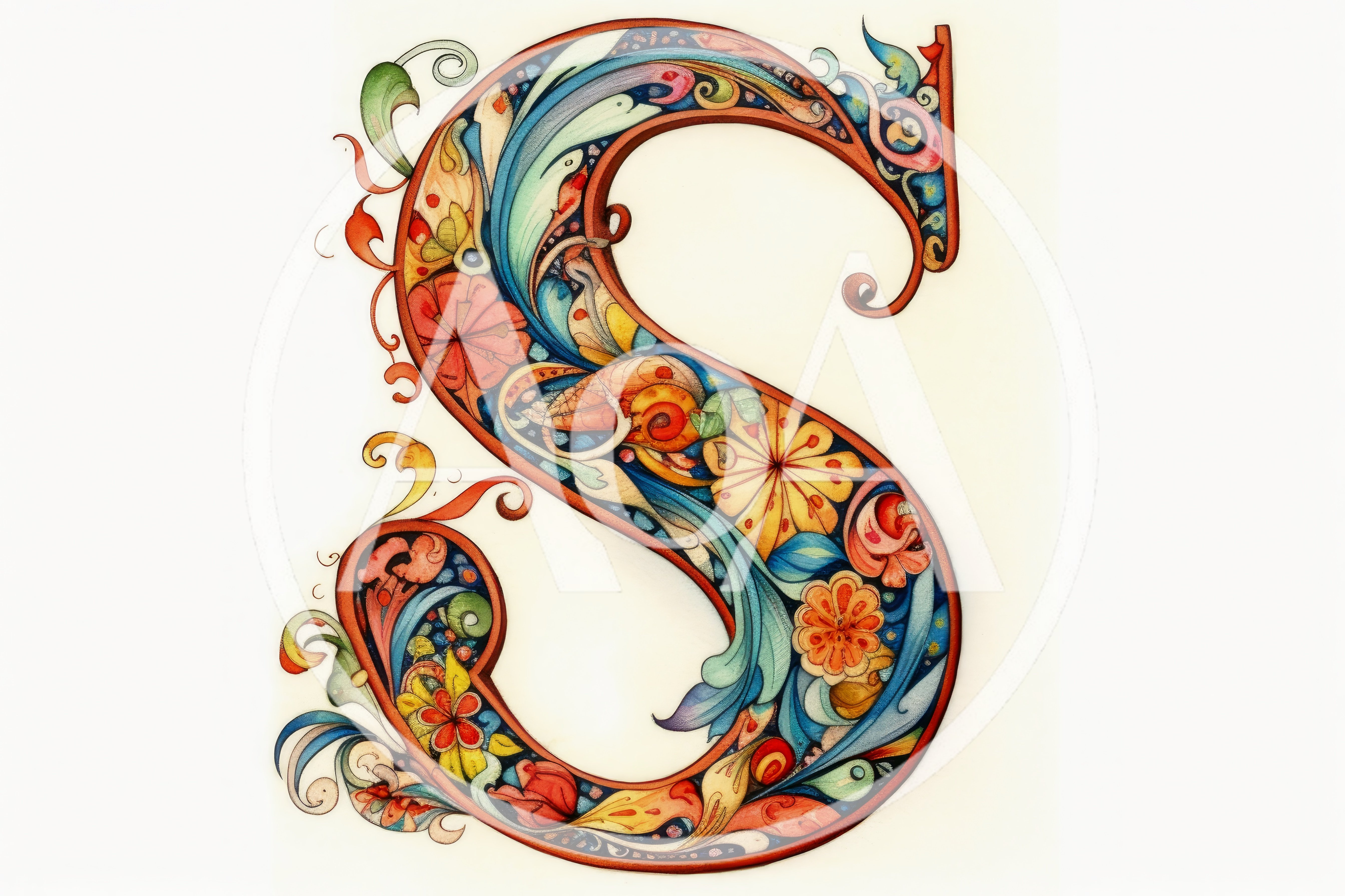 Ornate Decorative Letter S With Floral And Botanical Motifs