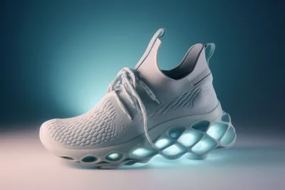 Futuristic White Athletic Sneaker With Glowing Geometric Sole