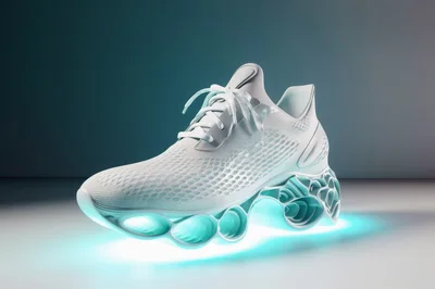 Futuristic White Athletic Sneaker With Glowing Teal Sole
