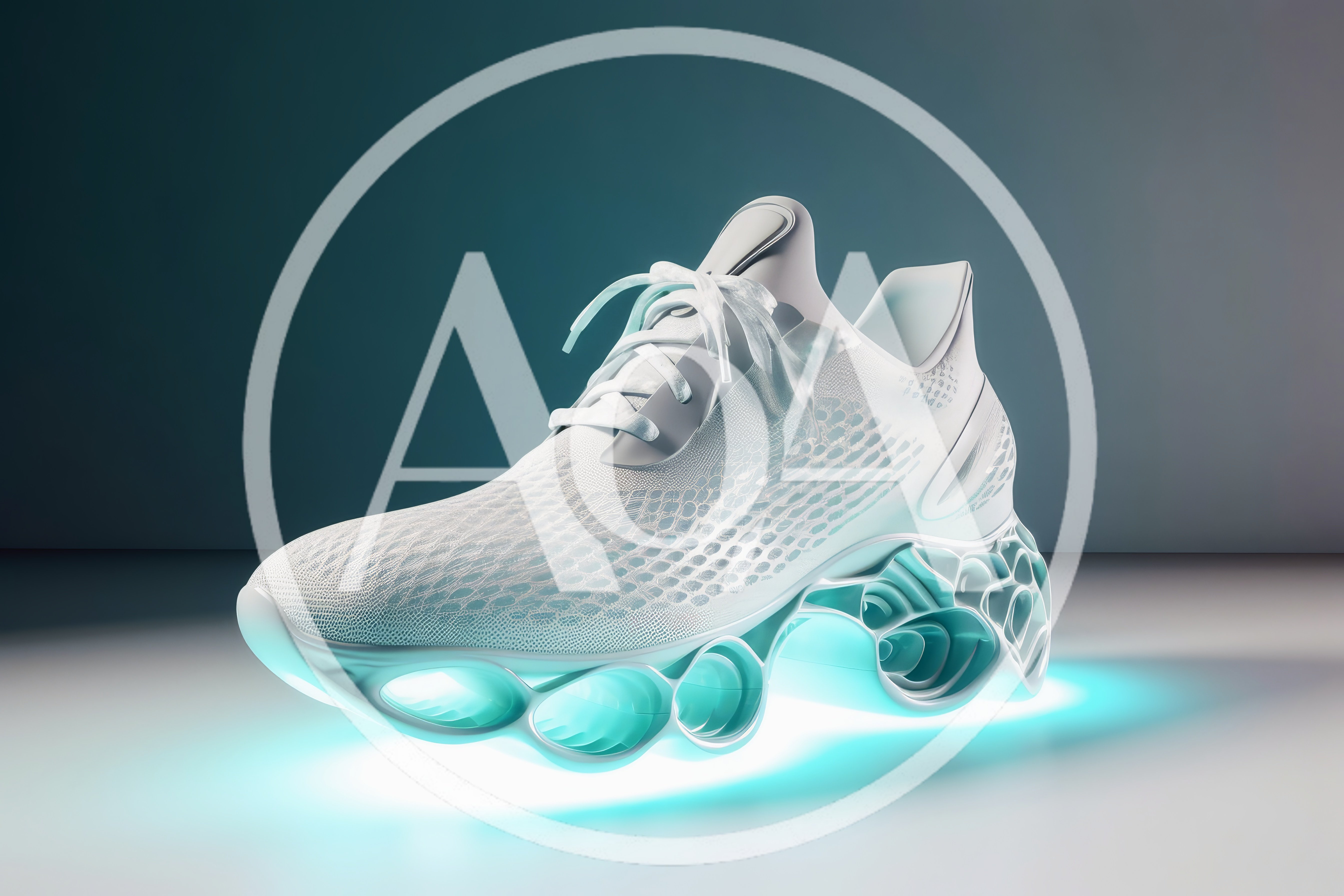 Futuristic White Athletic Sneaker With Glowing Teal Sole