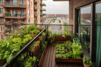 Urban Balcony Garden With Potted Vegetables And Herbs