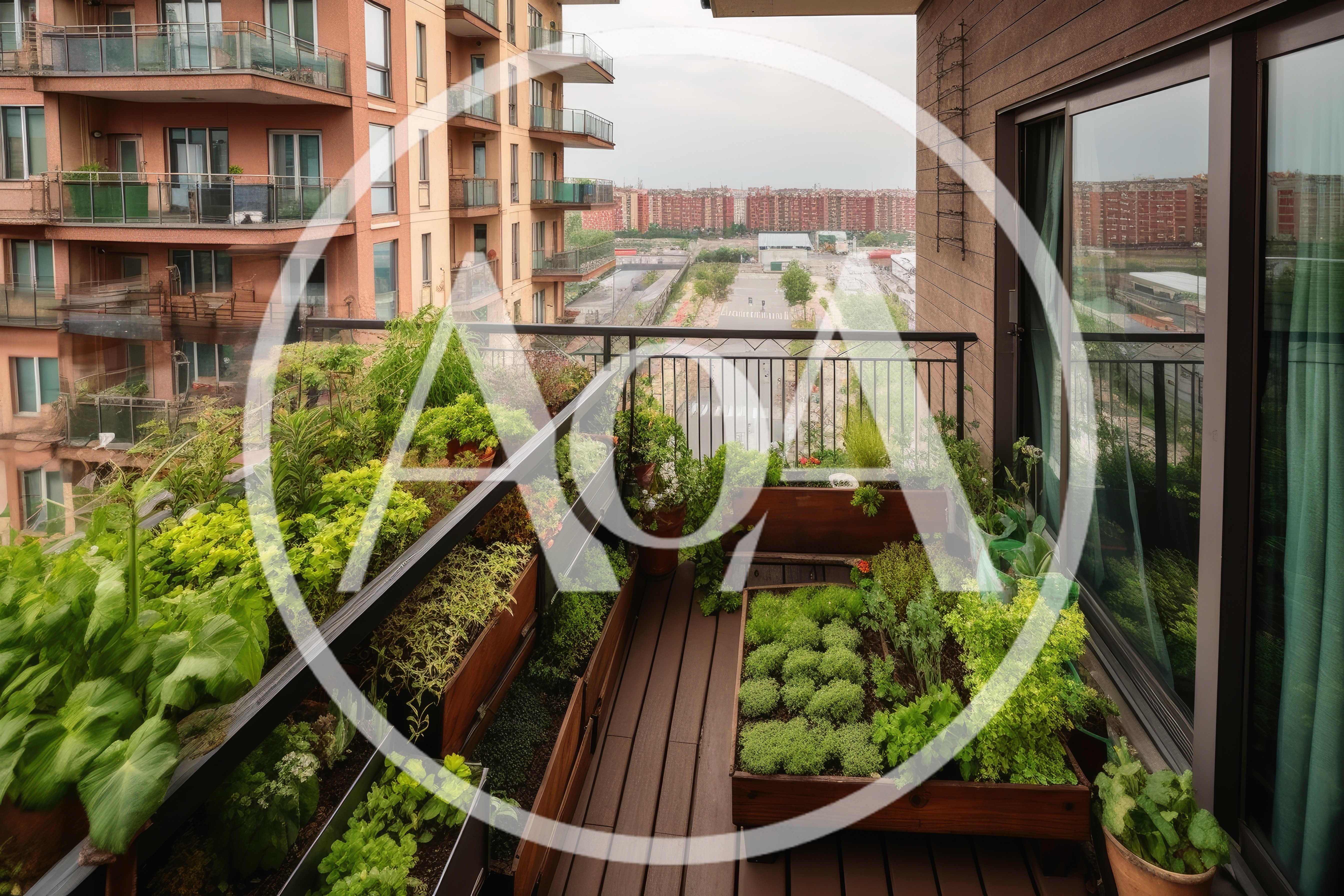 Urban Balcony Garden With Potted Vegetables And Herbs