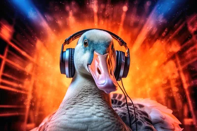 Goose Wearing Headphones Against A Fiery Background