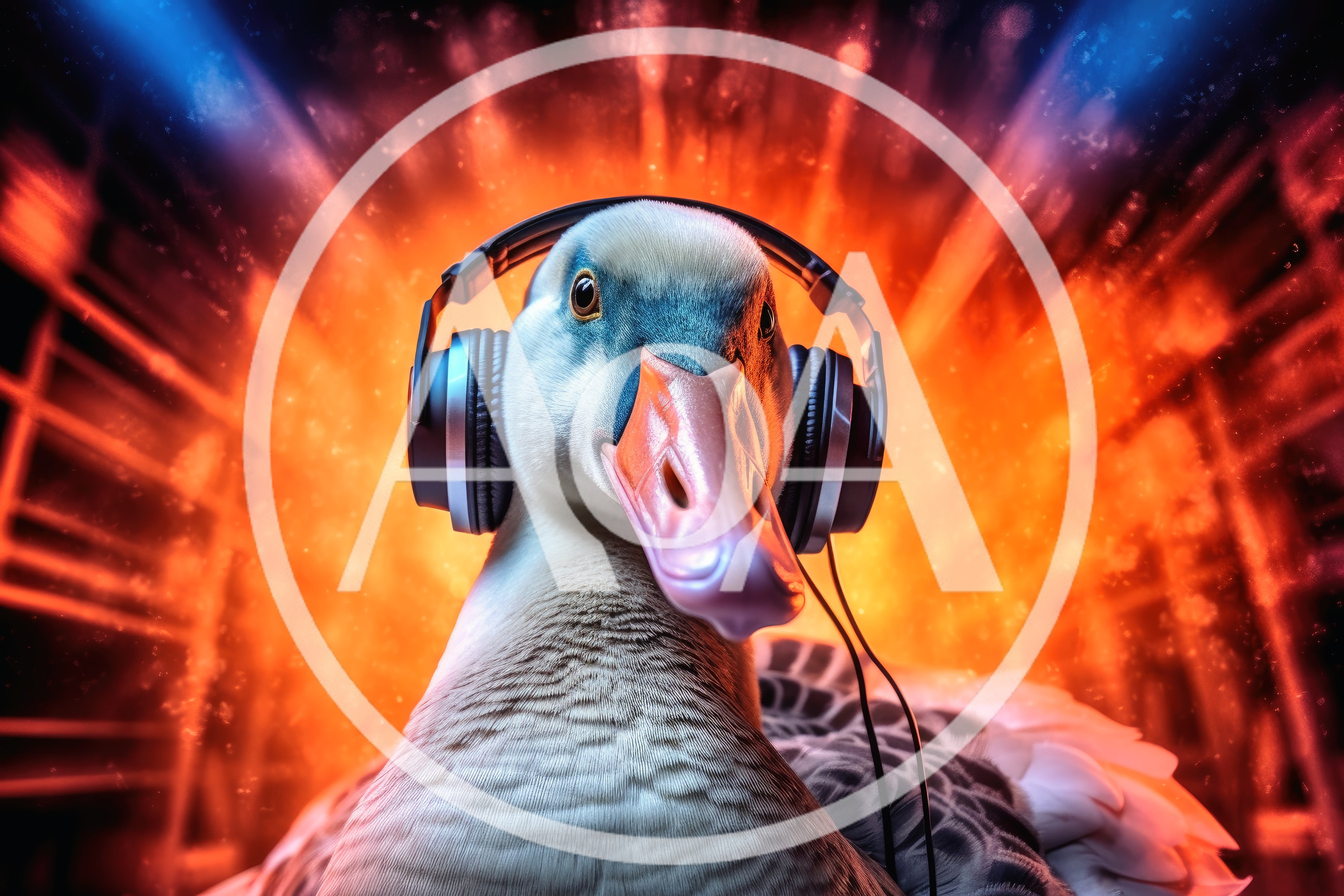 Goose Wearing Headphones Against A Fiery Background