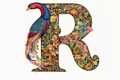 Ornate Letter R Decorated With Exotic Bird And Flowers
