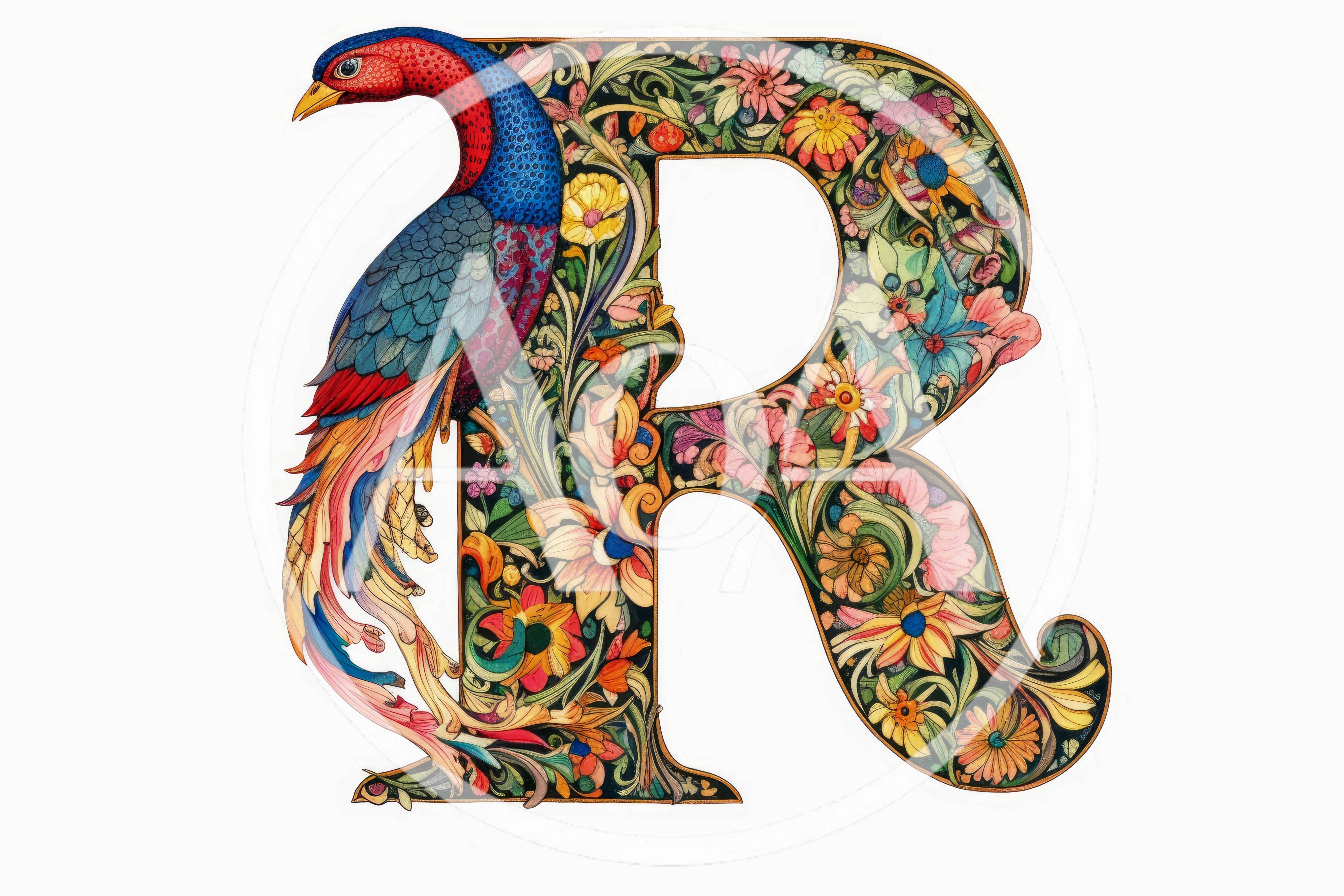Ornate Letter R Decorated With Exotic Bird And Flowers