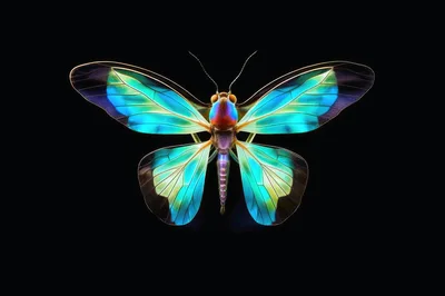 Iridescent Blue And Green Butterfly On Black Background