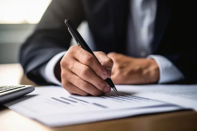 Businessman Writing On Financial Documents At Desk