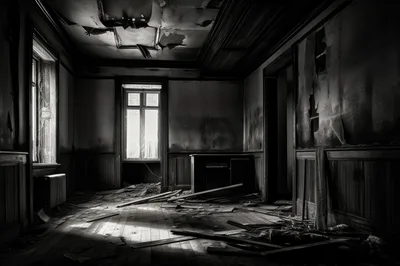 Dilapidated Abandoned Room With Peeling Wallpaper And Debris