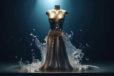 Golden Dress Mannequin Surrounded By Splashing Water