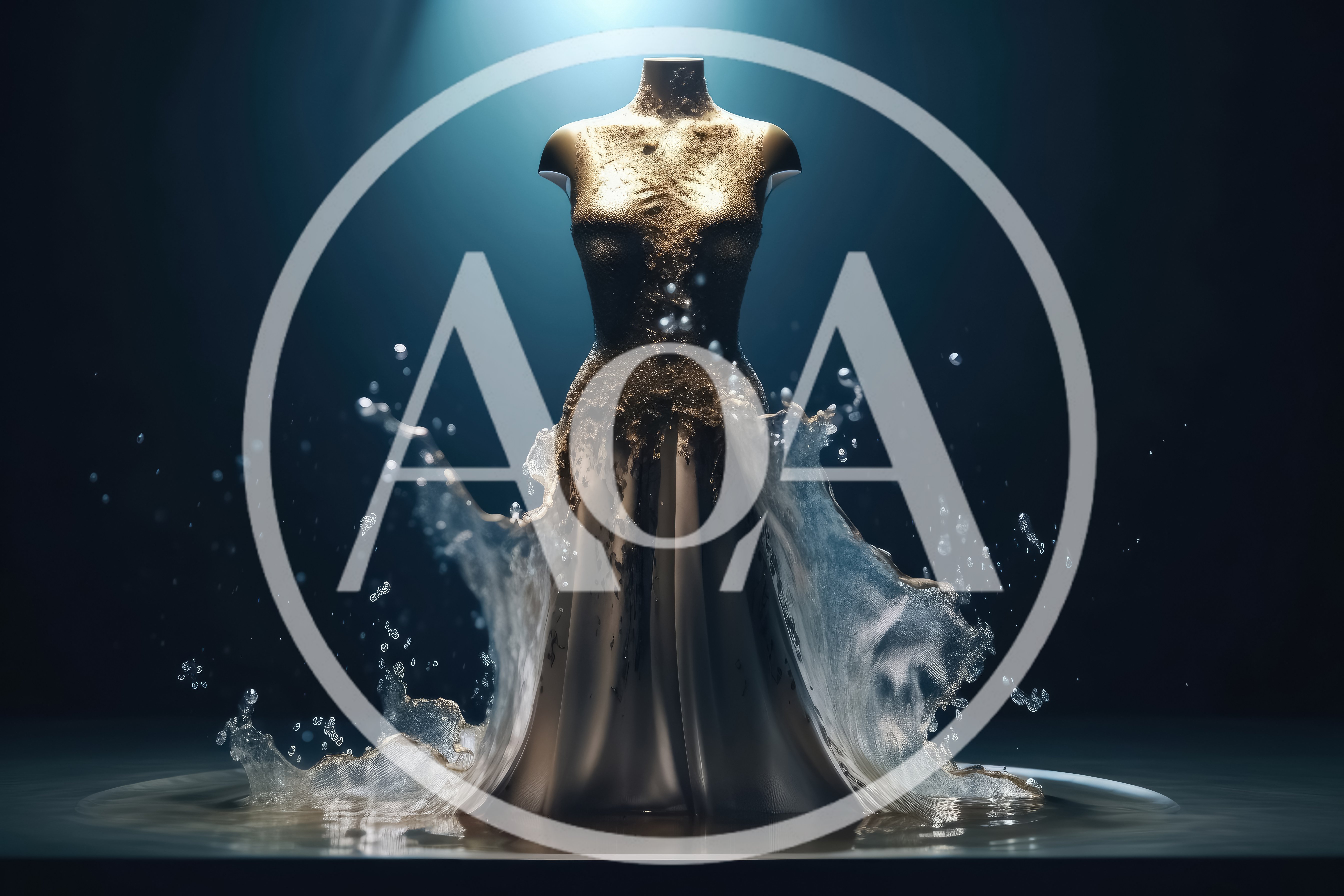 Golden Dress Mannequin Surrounded By Splashing Water
