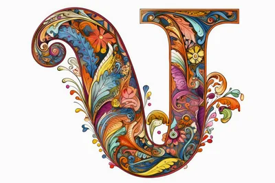 Ornate Decorative Letter V With Floral Art Nouveau Patterns