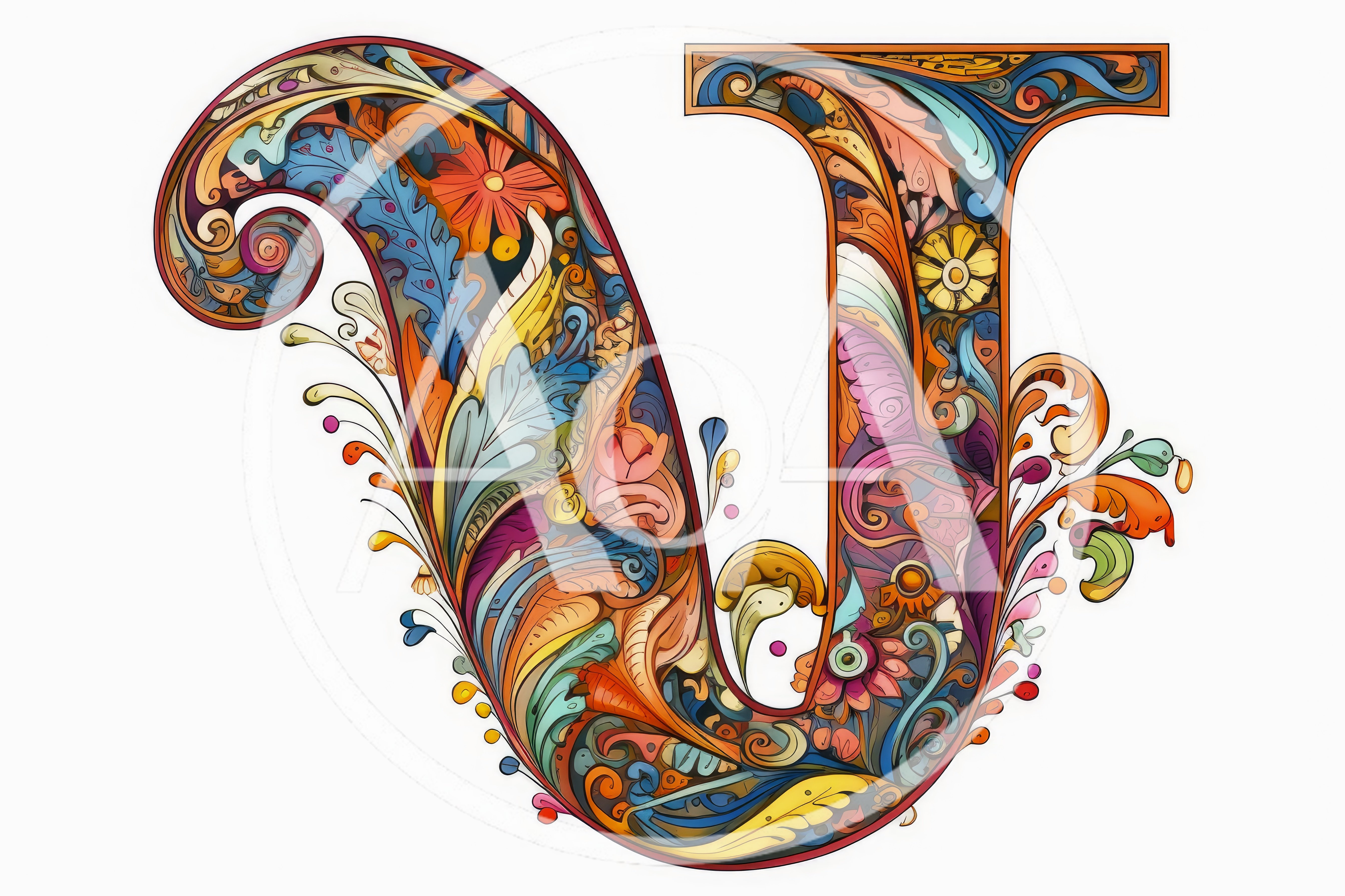 Ornate Decorative Letter V With Floral Art Nouveau Patterns