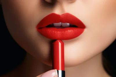 Close Up Of Woman Applying Vibrant Red Lipstick