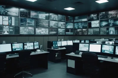 Modern Security Surveillance Control Room With Multiple Monitors