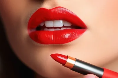 Close Up Of Woman Applying Vibrant Red Lipstick