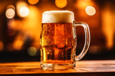 Cold Glass Mug Of Golden Beer On Wooden Bar