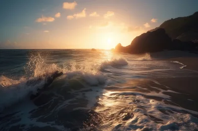 Golden Sunset Over Tropical Beach With Crashing Waves