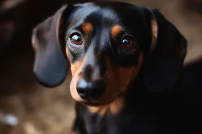 Close Up Portrait Of A Black And Tan Dachshund