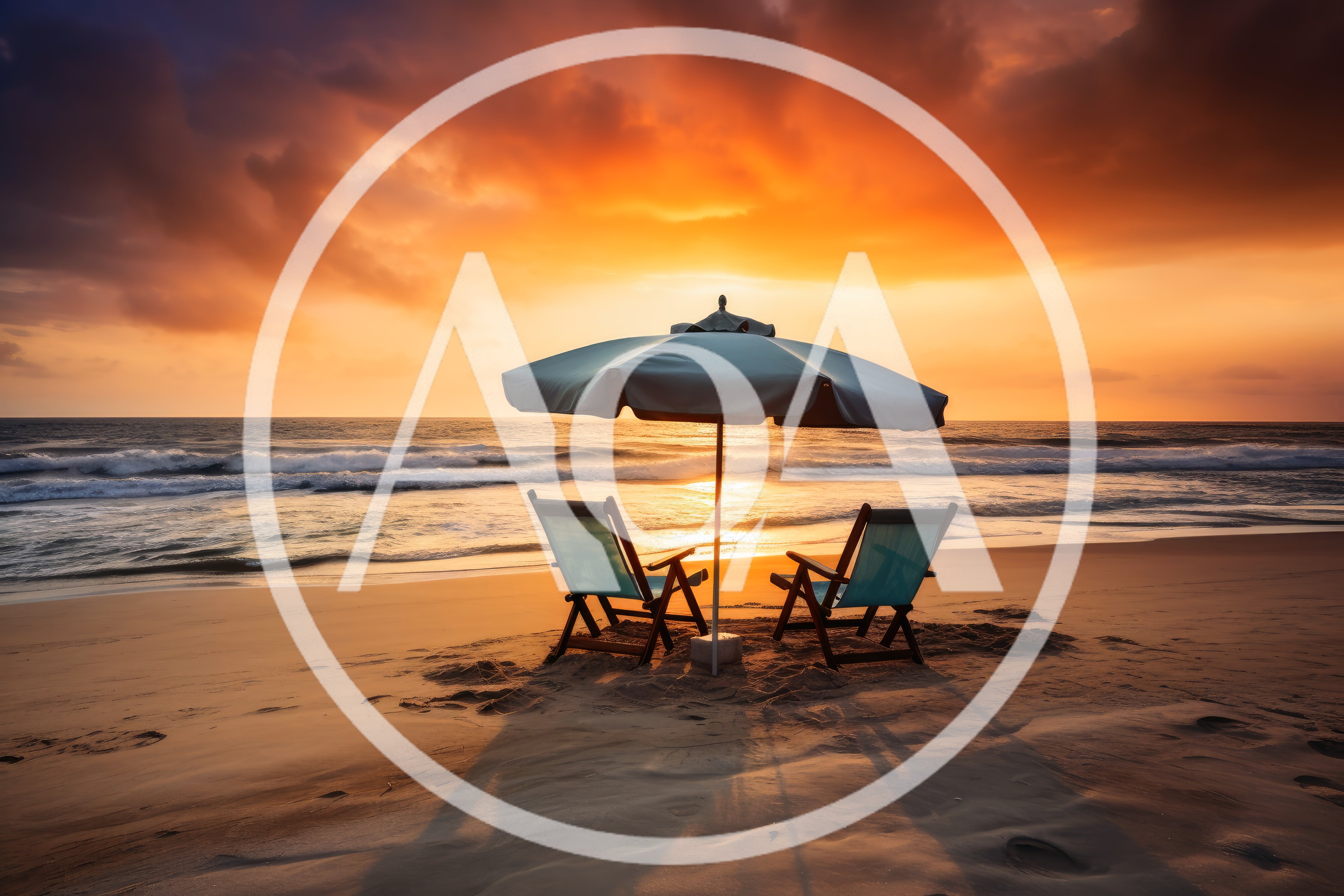 Two Beach Chairs Under Umbrella At Sunset