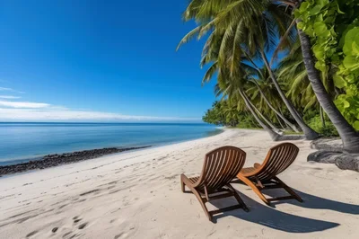 Two Wooden Lounge Chairs On A Tropical Beach