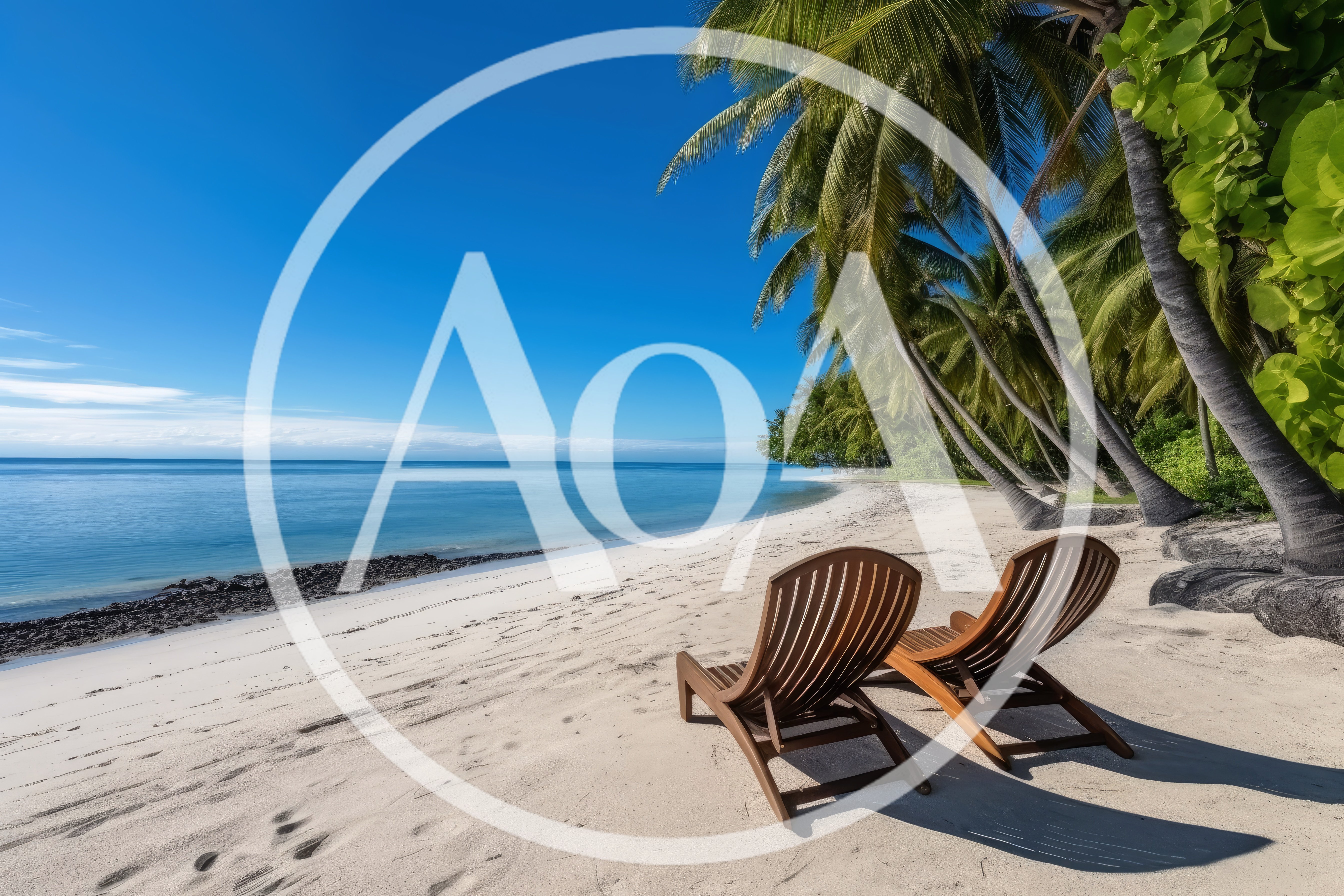 Two Wooden Lounge Chairs On A Tropical Beach