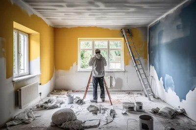 Painter Working On Home Renovation In Unfinished Room