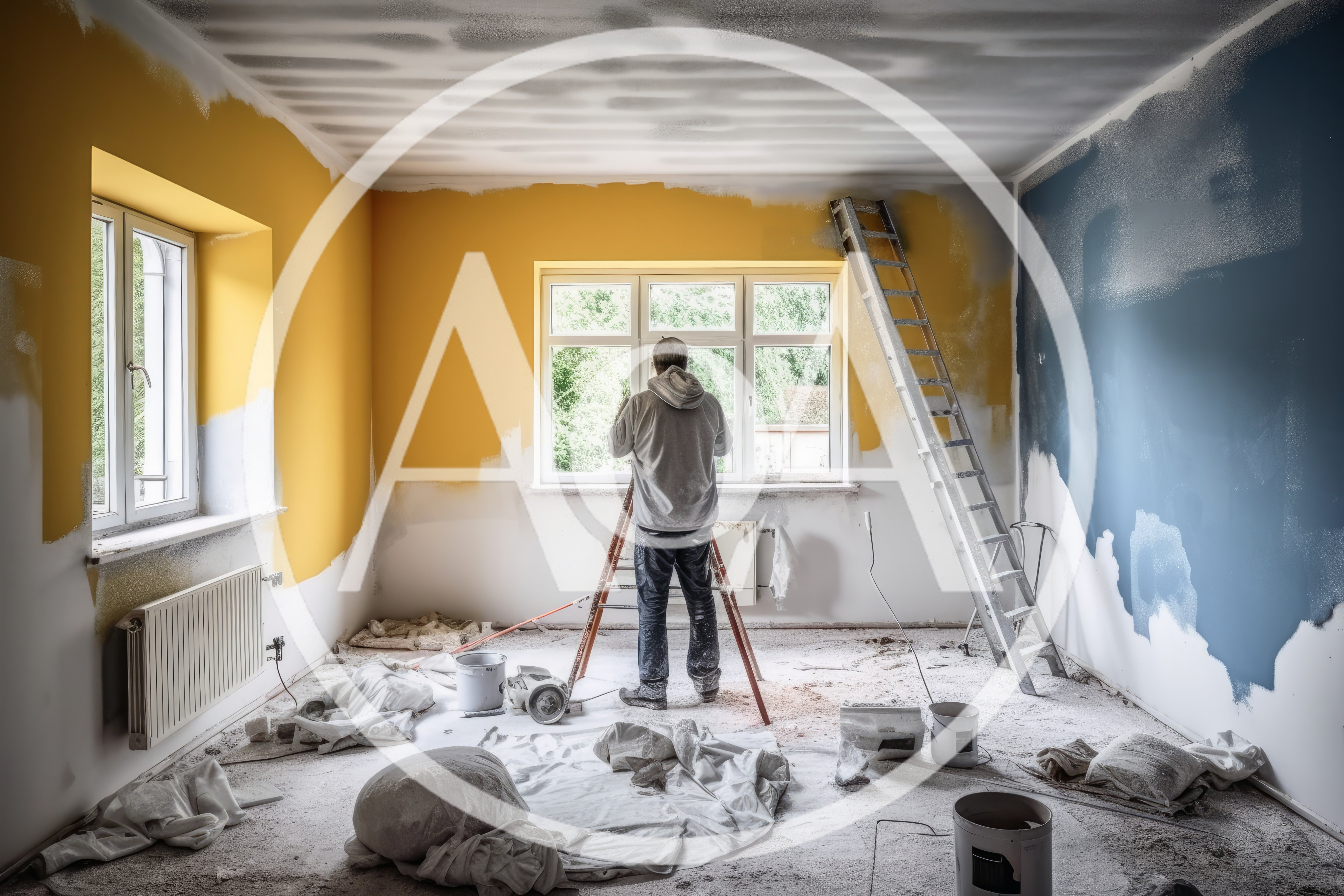 Painter Working On Home Renovation In Unfinished Room