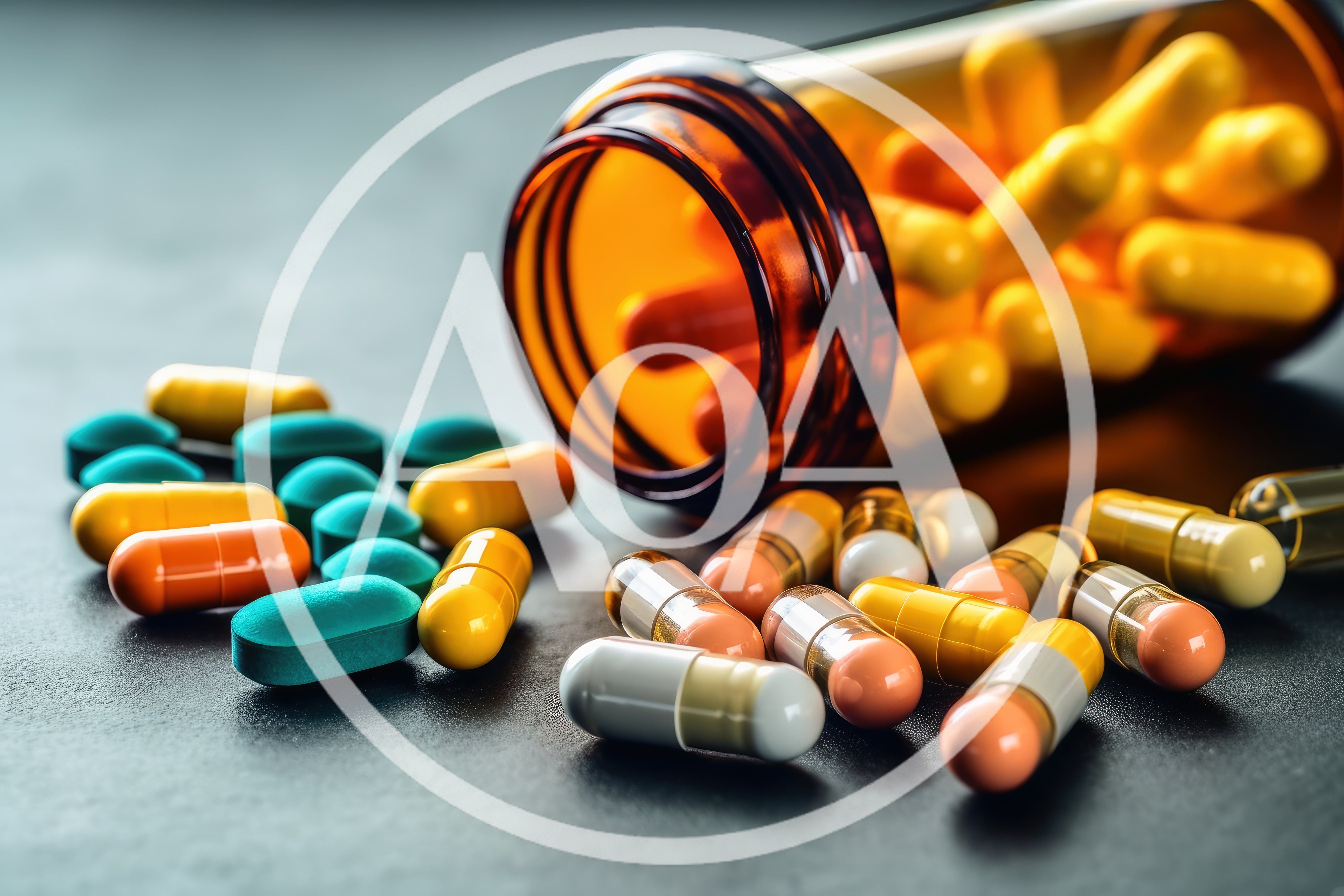 Assorted Pharmaceutical Capsules Spilled From Amber Bottle