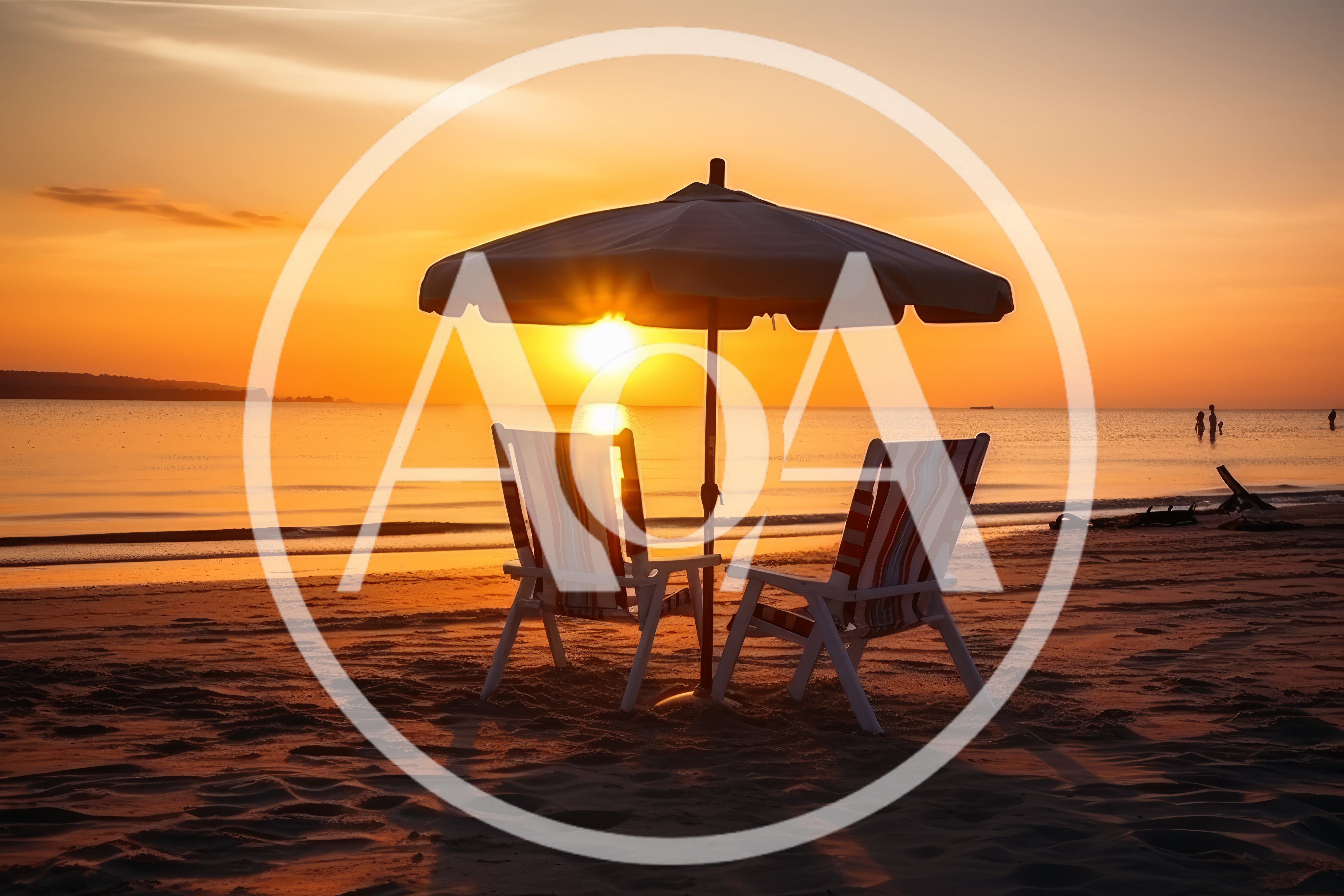 Two Beach Chairs Under Umbrella At Sunset