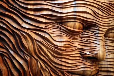 Abstract Wooden Face Sculpture With Wavy Carved Texture
