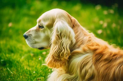 Golden Cocker Spaniel Dog Resting In Green Grass
