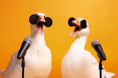 Two Funny Ducks Singing Into Microphones