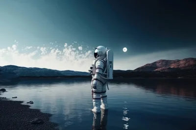 Astronaut Standing In A Calm Lake At Night