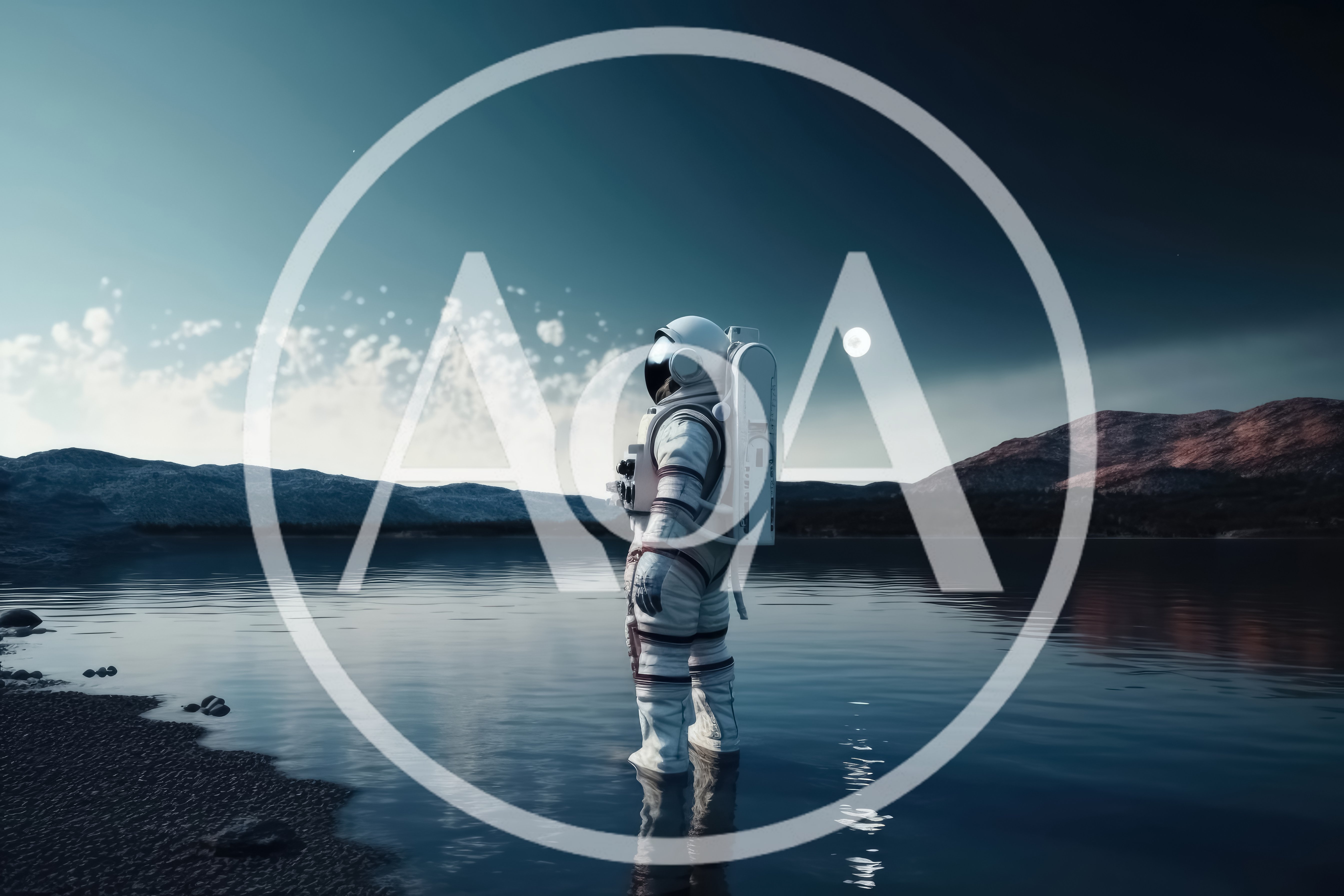 Astronaut Standing In A Calm Lake At Night