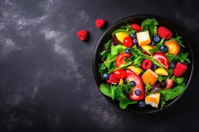 Fresh Fruit and Vegetable Salad in Black Bowl