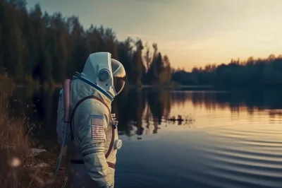 Astronaut Standing By A Calm Lake At Sunset