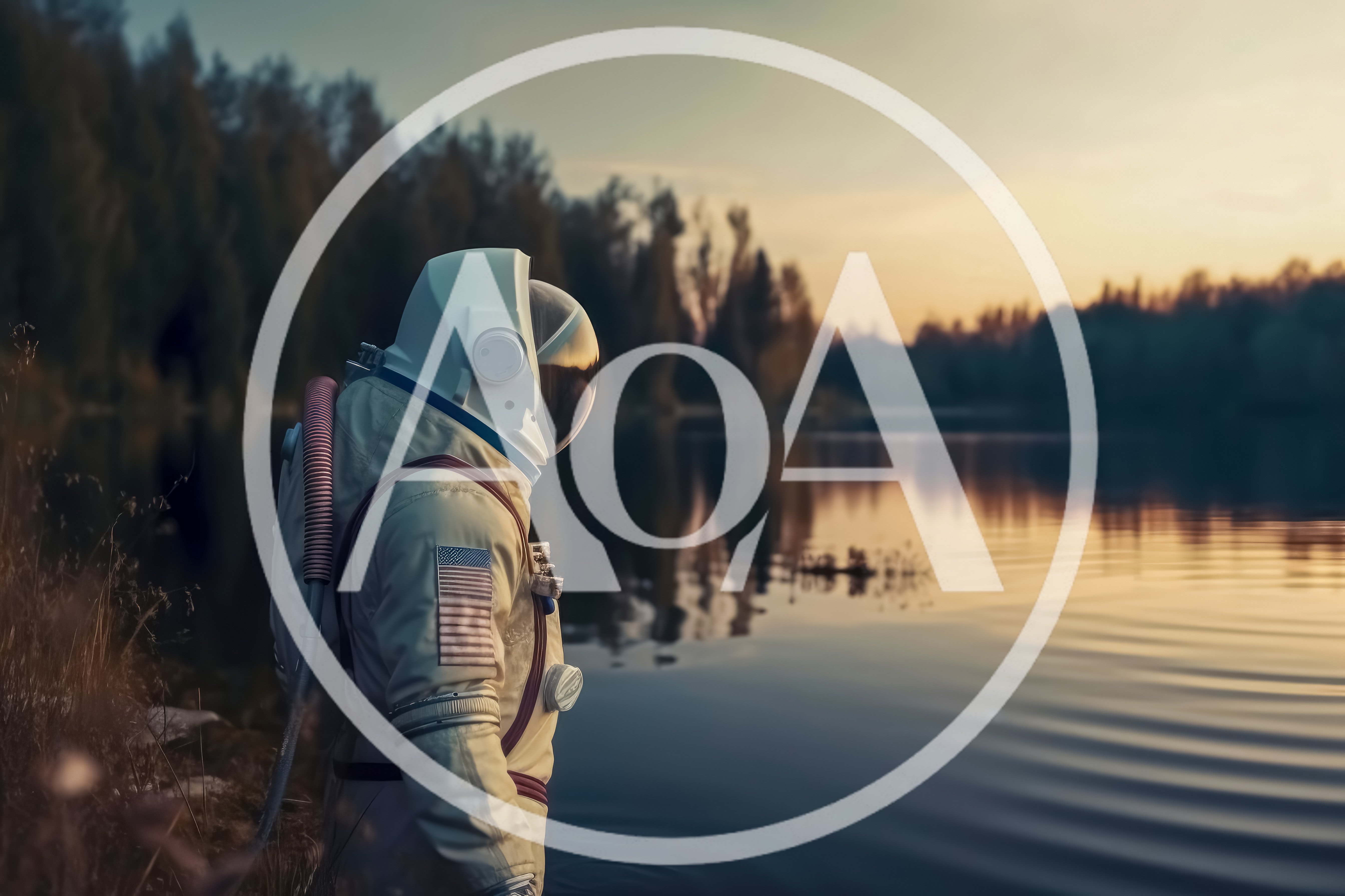 Astronaut Standing By A Calm Lake At Sunset