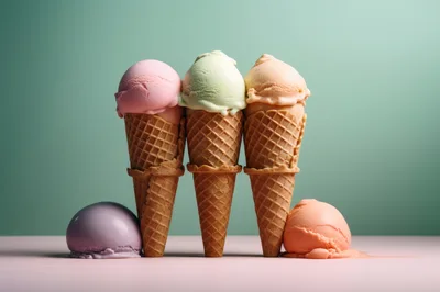 Three Ice Cream Cones With Two Scoops On Surface