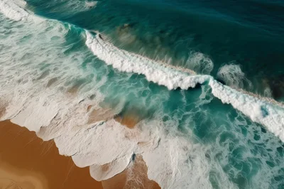Aerial View Of Crashing Ocean Waves On Sandy Beach