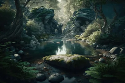 Serene Forest Pond Surrounded By Mossy Rocks