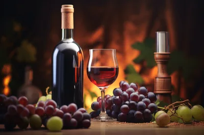 Red Wine Bottle and Glass with Grapes