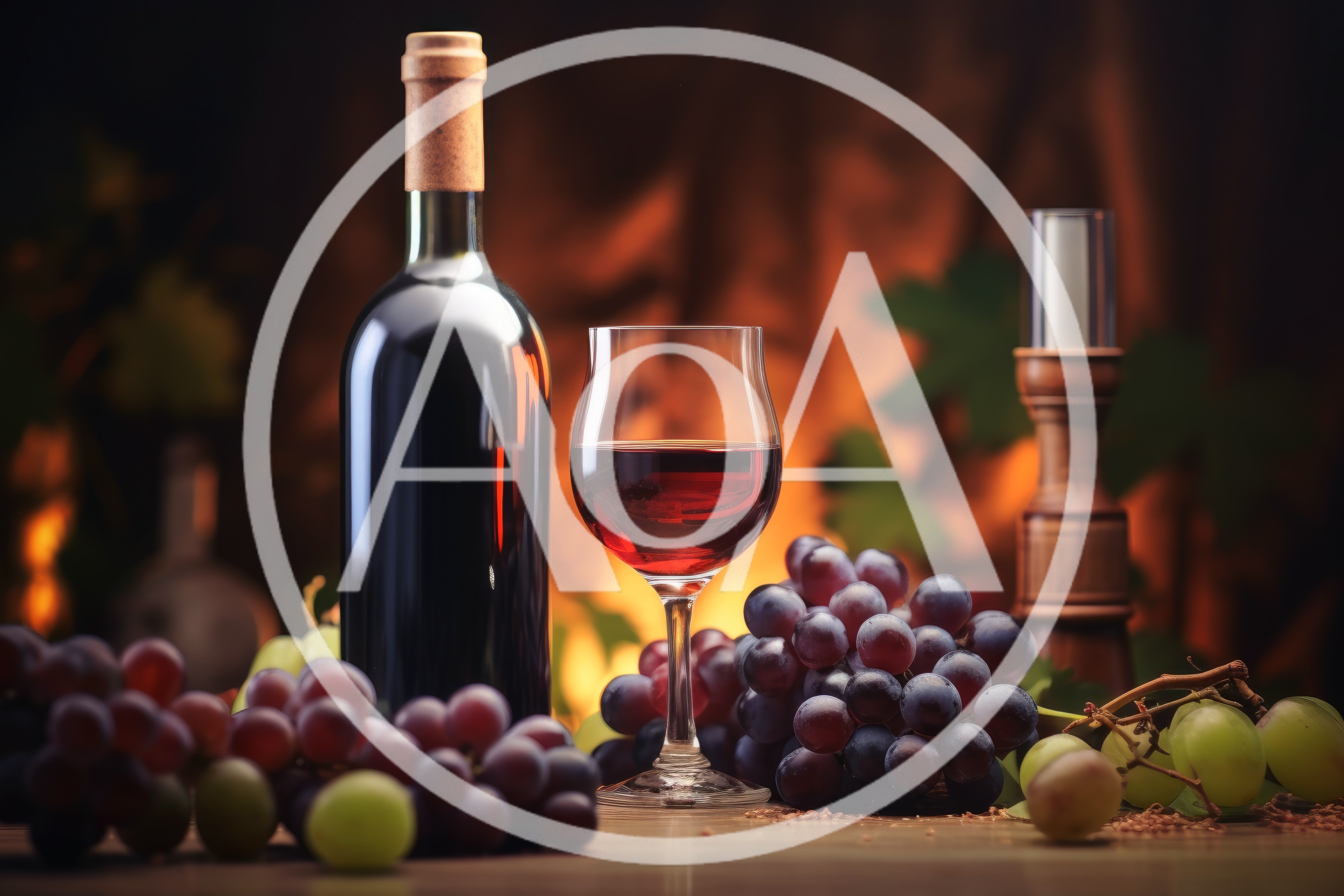 Red Wine Bottle and Glass with Grapes