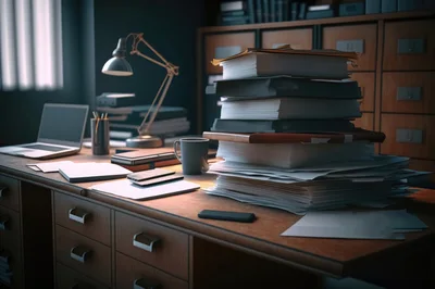 Cluttered Office Desk With Stacked Documents And Laptop